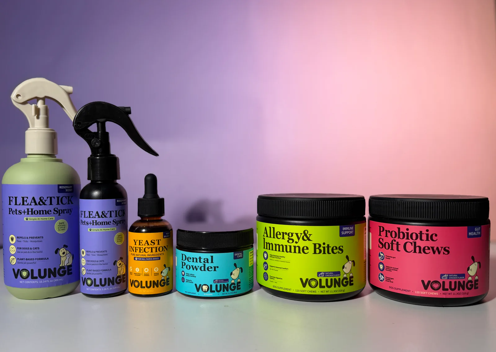 VOLUNGE pet-care line: purple sprays, yellow drops, blue dental powder, green immune bites, and pink probiotic soft chews